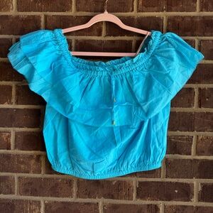 NWT TRINA TURK Off-Shoulder Turquoise Ruffle Crop Top Size Medium